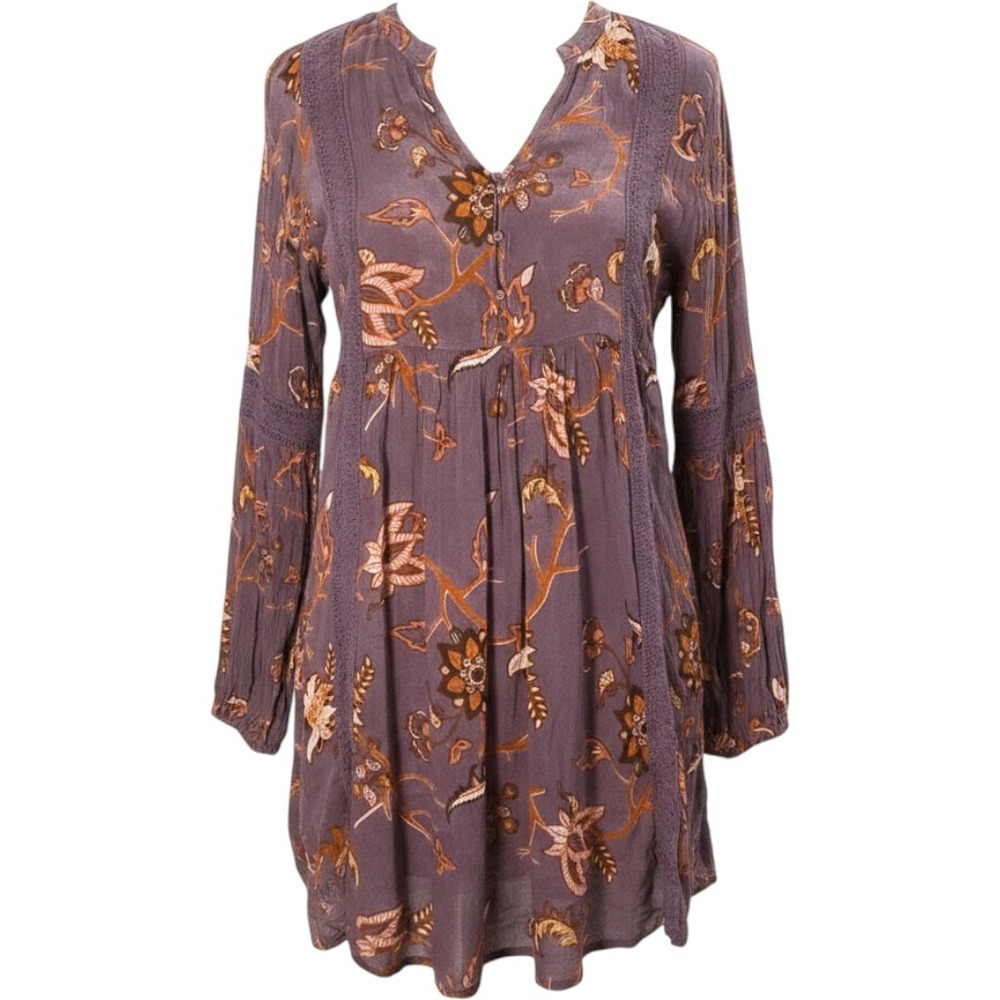 Ananda's Collection Purple Floral Boho Rayon Tunic Dress XL Crochet Lace Trim